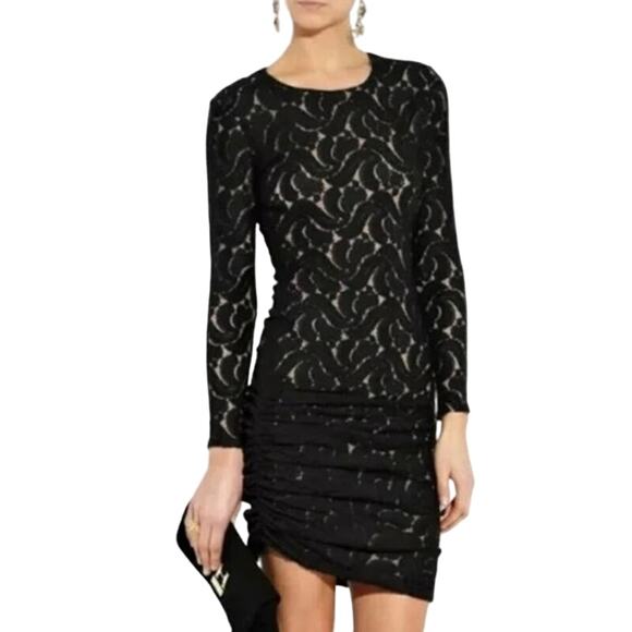 NWOT A.L.C. Dress S Lace Ruched Black Long Sleeve Stretch Mini Cashmere Silk